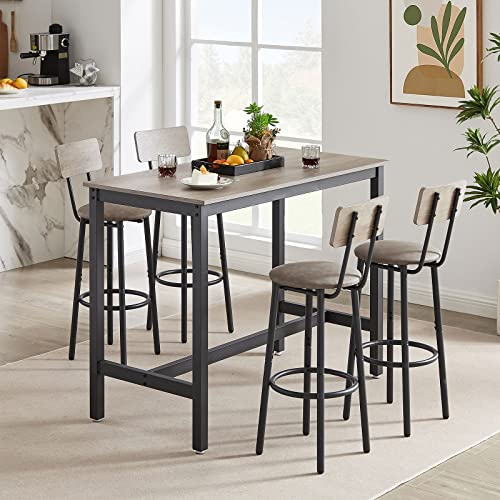 GNIXUU Bar Table and Chairs Set for 4, 5 Pieces Industrial Counter Height Pub Table and 4 PU Soft Stools with Backrest, High Kitchen Breakfast Table Set for Restaurant, Dining Room(Grey)