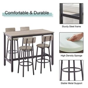 GNIXUU Bar Table and Chairs Set for 4, 5 Pieces Industrial Counter Height Pub Table and 4 PU Soft Stools with Backrest, High Kitchen Breakfast Table Set for Restaurant, Dining Room(Grey)