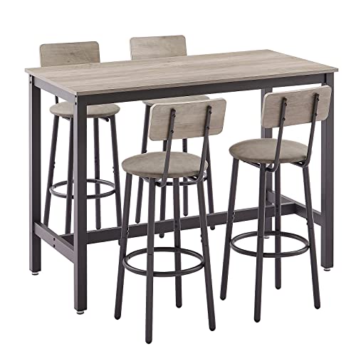 GNIXUU Bar Table and Chairs Set for 4, 5 Pieces Industrial Counter Height Pub Table and 4 PU Soft Stools with Backrest, High Kitchen Breakfast Table Set for Restaurant, Dining Room(Grey)
