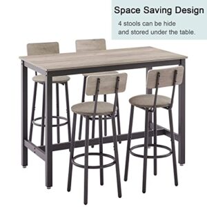 GNIXUU Bar Table and Chairs Set for 4, 5 Pieces Industrial Counter Height Pub Table and 4 PU Soft Stools with Backrest, High Kitchen Breakfast Table Set for Restaurant, Dining Room(Grey)