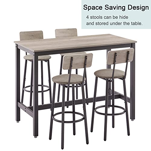 GNIXUU Bar Table and Chairs Set for 4, 5 Pieces Industrial Counter Height Pub Table and 4 PU Soft Stools with Backrest, High Kitchen Breakfast Table Set for Restaurant, Dining Room(Grey)