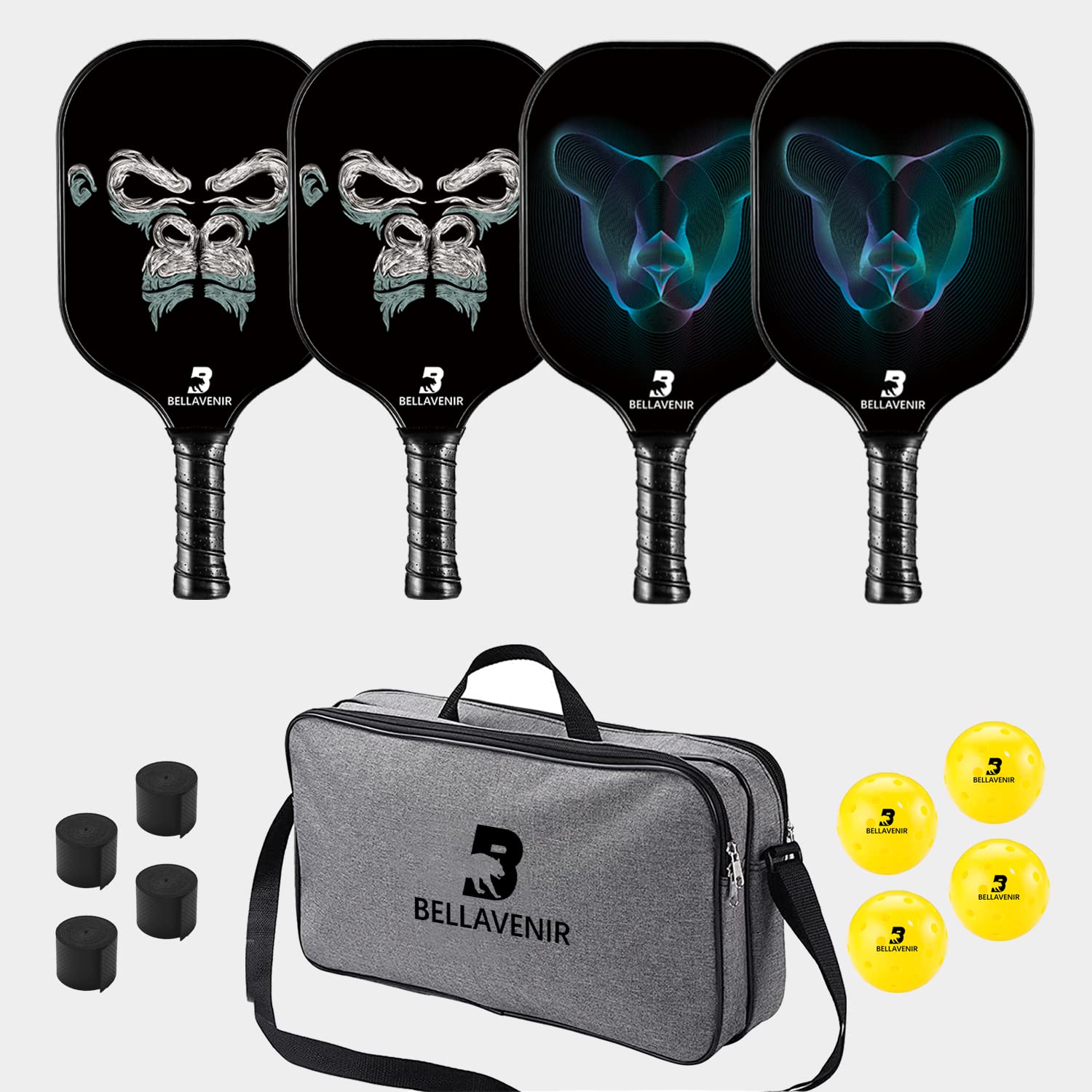 Bellavenir Graphite Pickleball Paddle Set of 4 Fiberglass Racket,4 Grip Tape,4 Ball in Big Storage Bag,Beginner Friendly