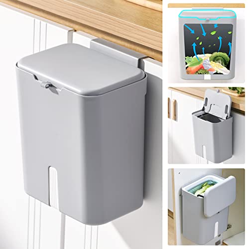 Tiyafuro Upgraded Hanging Trash Can with Lid, 2.4 Gallon Kitchen Compost Bin for Cabinet and Under Sink, Wall-Mounted Indoor Trash Bin for Bathroom Bedroom Office, Waste Bin