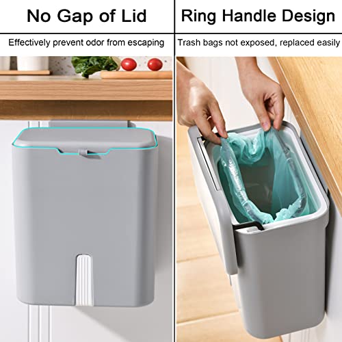 Tiyafuro Upgraded Hanging Trash Can with Lid, 2.4 Gallon Kitchen Compost Bin for Cabinet and Under Sink, Wall-Mounted Indoor Trash Bin for Bathroom Bedroom Office, Waste Bin