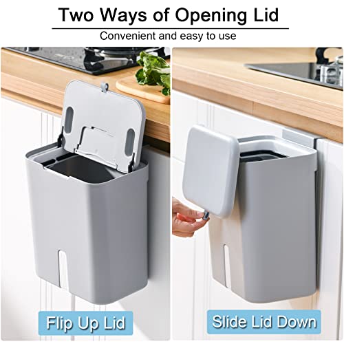 Tiyafuro Upgraded Hanging Trash Can with Lid, 2.4 Gallon Kitchen Compost Bin for Cabinet and Under Sink, Wall-Mounted Indoor Trash Bin for Bathroom Bedroom Office, Waste Bin