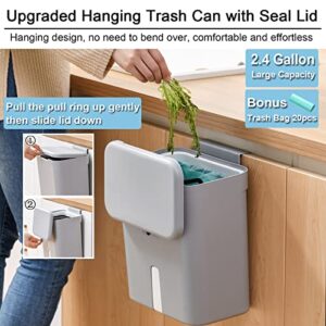 Tiyafuro Upgraded Hanging Trash Can with Lid, 2.4 Gallon Kitchen Compost Bin for Cabinet and Under Sink, Wall-Mounted Indoor Trash Bin for Bathroom Bedroom Office, Waste Bin