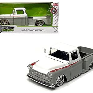 1955 Chevy Stepside Pickup Truck Matt Gray and White with Flames Just Trucks Series 1/24 Diecast Model Car by Jada 34297