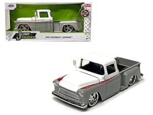 1955 chevy stepside pickup truck matt gray and white with flames just trucks series 1/24 diecast model car by jada 34297