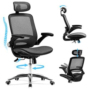 ergonomic mesh office chair, high back computer mesh desk chair with adjustable 2d headrest & flip up arms, 135°tilt function, mesh seat, breathable swivel executive task chair for tall people