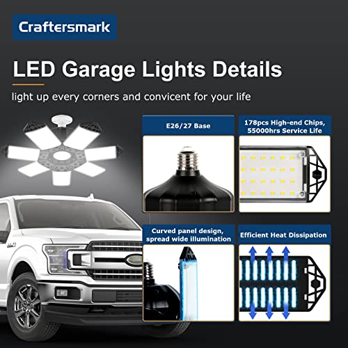 LED Garage Lights - 175W Garage Lights Ceiling LED with 7 Adjustable Panels, 20000LM Deformable LED Shop Light for Garage, Basement, Barn, High Bay Light, Support E26/E27 Screw Socket (2 Pack)