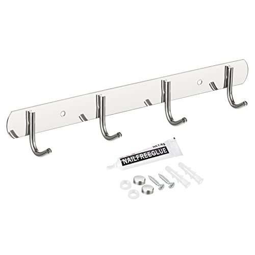 uxcell Coat Hook Rack, 201 Stainless Steel Coat Rack Wall Mounted with 4 Hooks Metal Hook Rail Wall Hangers for Hanging Bedroom Bathroom