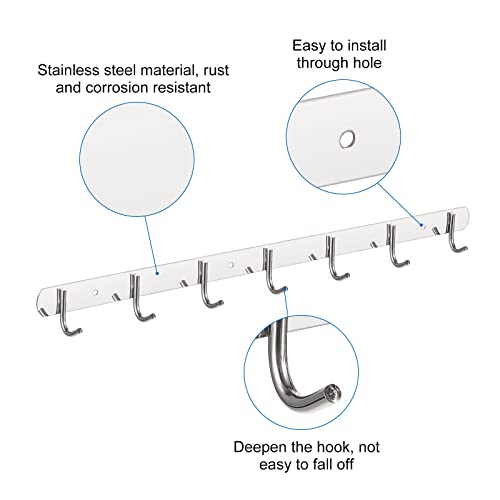 uxcell Coat Hook Rack, 201 Stainless Steel Coat Rack Wall Mounted with 7 Hooks Metal Hook Rail Wall Hangers for Hanging Bedroom Bathroom 2Pcs