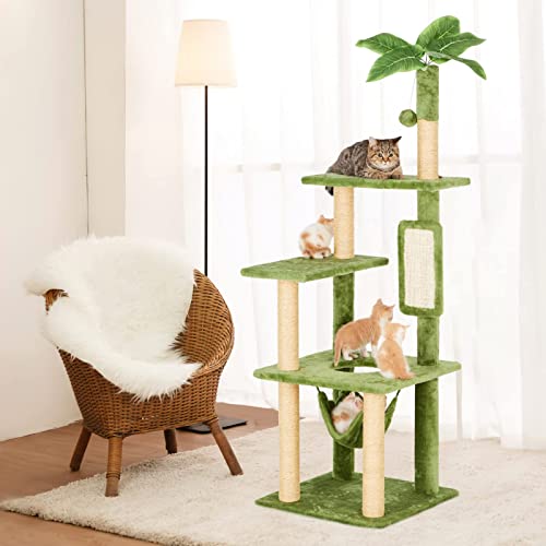 TSCOMON 55" Cat Tree for Indoor Cats with Green Leaves, Multi-Level Large Cat Tower for Indoor Cats with Hammock, Plush Cat House with Hang Ball Toy and Cat Sisal Scratching Posts Cat Furniture, Green