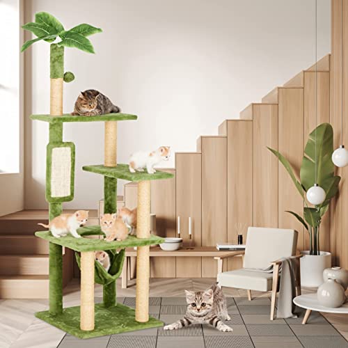 TSCOMON 55" Cat Tree for Indoor Cats with Green Leaves, Multi-Level Large Cat Tower for Indoor Cats with Hammock, Plush Cat House with Hang Ball Toy and Cat Sisal Scratching Posts Cat Furniture, Green