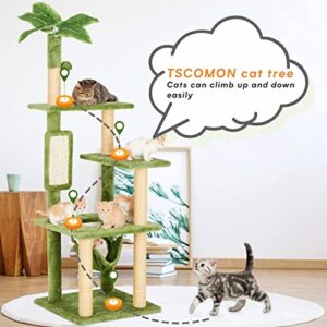 TSCOMON 55" Cat Tree for Indoor Cats with Green Leaves, Multi-Level Large Cat Tower for Indoor Cats with Hammock, Plush Cat House with Hang Ball Toy and Cat Sisal Scratching Posts Cat Furniture, Green