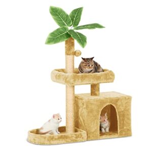 tscomon 31.5" cat tree cat tower for indoor cats with green leaves, cat condo cozy plush cat house with hang ball and leaf shape design, cat furniture pet house with cat scratching posts, beige