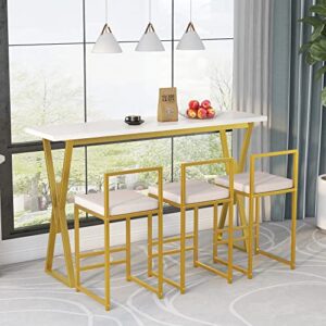fashion 4-piece counter height dining table set,extra long console bar dining table set with 3 padded stools,gold metal frame kitchen set for small places,dining area,kitchen,breakfast nook,home bar.