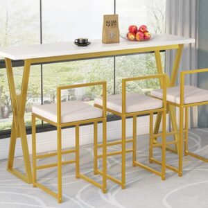 Fashion 4-Piece Counter Height Dining Table Set,Extra Long Console Bar Dining Table Set with 3 Padded Stools,Gold Metal Frame Kitchen Set for Small Places,Dining Area,Kitchen,Breakfast Nook,Home Bar.