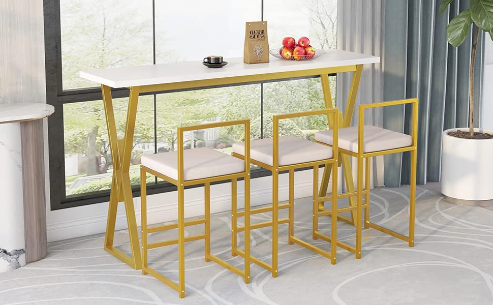 Fashion 4-Piece Counter Height Dining Table Set,Extra Long Console Bar Dining Table Set with 3 Padded Stools,Gold Metal Frame Kitchen Set for Small Places,Dining Area,Kitchen,Breakfast Nook,Home Bar.