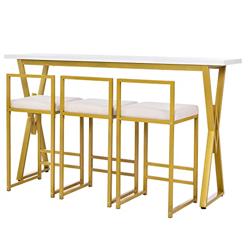 Fashion 4-Piece Counter Height Dining Table Set,Extra Long Console Bar Dining Table Set with 3 Padded Stools,Gold Metal Frame Kitchen Set for Small Places,Dining Area,Kitchen,Breakfast Nook,Home Bar.