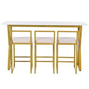 Fashion 4-Piece Counter Height Dining Table Set,Extra Long Console Bar Dining Table Set with 3 Padded Stools,Gold Metal Frame Kitchen Set for Small Places,Dining Area,Kitchen,Breakfast Nook,Home Bar.