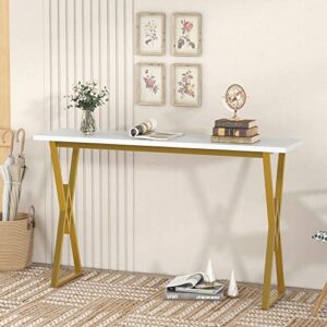 Fashion 4-Piece Counter Height Dining Table Set,Extra Long Console Bar Dining Table Set with 3 Padded Stools,Gold Metal Frame Kitchen Set for Small Places,Dining Area,Kitchen,Breakfast Nook,Home Bar.