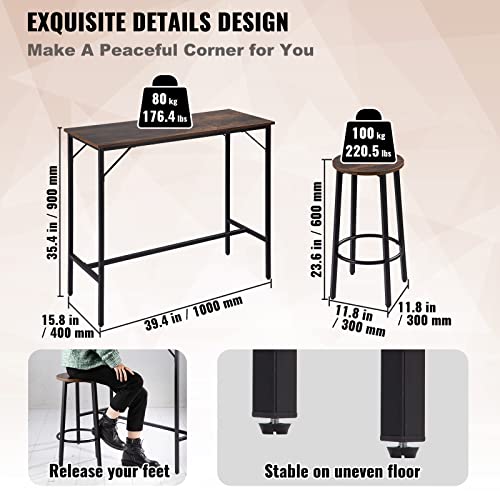 VEVOR Bar Table and Chairs Set 39" Pub Table Set with 2 Bar Stools Kitchen Dining Table and Chairs Set for 2 Iron Frame Counter Height Dining Sets for Home, Kitchen, Living Room