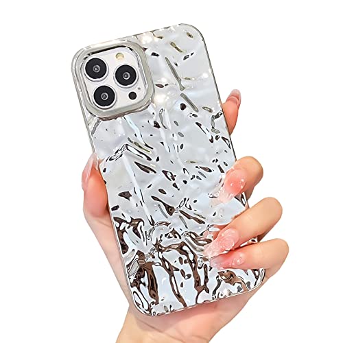 Compatible for iPhone 14 Pro Max Case Cute Luxury Designer Tin Foil Pleated Phone Cover for Women Electroplated Sparkly Silicone Protective Slim Fit Soft Case 6.7Inch (Silver Glossy-iPhone 14 Pro Max)