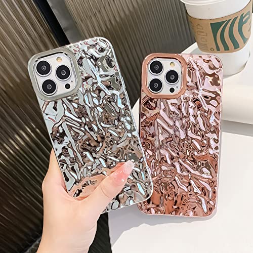 Compatible for iPhone 14 Pro Max Case Cute Luxury Designer Tin Foil Pleated Phone Cover for Women Electroplated Sparkly Silicone Protective Slim Fit Soft Case 6.7Inch (Silver Glossy-iPhone 14 Pro Max)