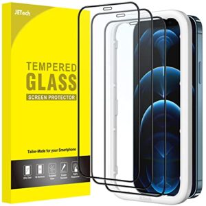 jetech full coverage screen protector for iphone 12/12 pro 6.1-inch, black edge tempered glass film with easy installation tool, case-friendly, hd clear, 3-pack