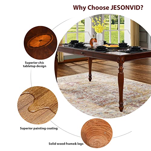 JESONVID Solid Wood Dining Table with Drawer, 67.3" Kitchen Dining Room Tables Mid Century Style 6-8 Person Natural Cherry Wooden Rectangle Extension Farmhouse Rustic Table Furniture,CCZ1533