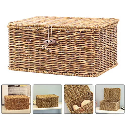 Zerodeko Woven Basket with Lid Seagrass Storage Baskets Wicker Storage Boxes Decorative Rattan Bins Household Organizer Boxes Shelf Wardrobe Organizer for Makeup Clothes Brown