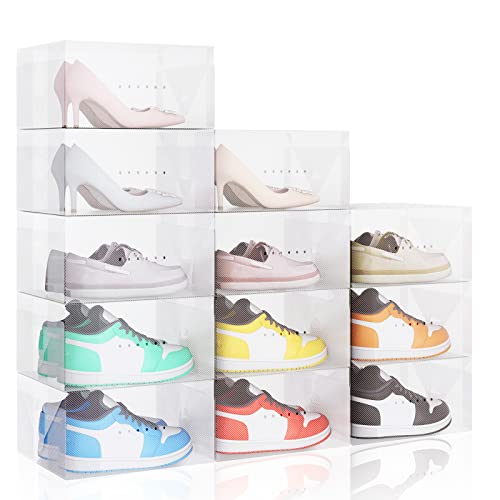 Fixwal 12 Pack Storage Boxes Large Clear Plastic Foldable Shoe Storage Containers Stackable Organizer for Closet Space Saving Sneaker Bins