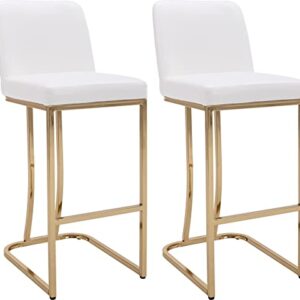 Wahson Set of 2 Classic Modern Faux Leather Upholstered 29" H Bar Height Stools, for Kitchen Island/Dining Room, with Golden Metal Frame, White