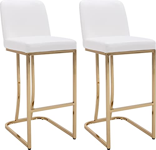 Wahson Set of 2 Classic Modern Faux Leather Upholstered 29" H Bar Height Stools, for Kitchen Island/Dining Room, with Golden Metal Frame, White