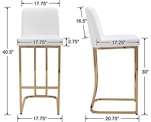 Wahson Set of 2 Classic Modern Faux Leather Upholstered 29" H Bar Height Stools, for Kitchen Island/Dining Room, with Golden Metal Frame, White