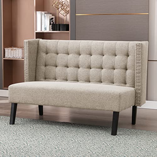 Mixoy 56" Wingback Settee Bench Loveseat Sofa, Modern Upholstered Banquette Sofa Couch for Dining Living Room Hallway and Entryway Seating (Beige)