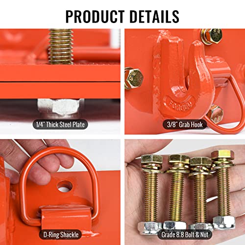 Sulythw Tractor Bucket Hooks with Tie Down Ring, Grade 70 Forged Steel Bolt On Grab Hook 2 Pack Tow Hook Mount with Backer Plate, Work Well for Tractor Bucket, RV, Truck, Max 15,000 lbs Orange