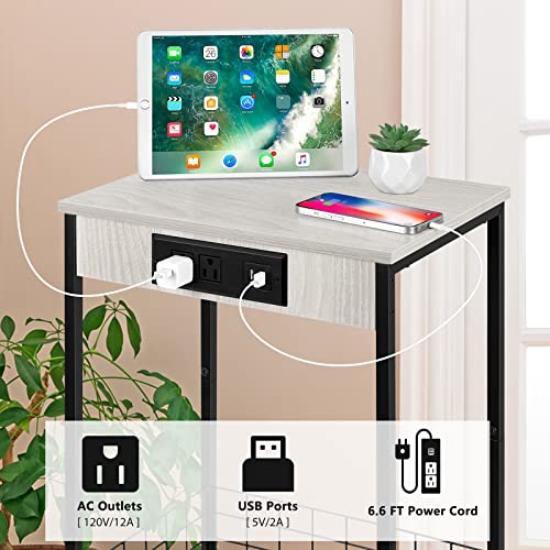 Vrisa Nightstands Set of 2 with Charging Station Small Bedside Tables with Storage Basket Farmhouse Night Stand with USB Ports and Outlets for Bedroom Living Room Home Decor Gray White