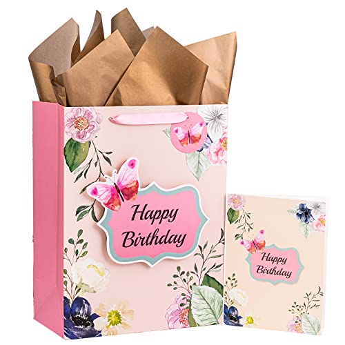 MAYPLUSS 13" Large Gift Bag with Greeting Card and Tissue Paper for Birthday - Pink Floral