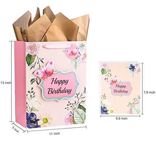 MAYPLUSS 13" Large Gift Bag with Greeting Card and Tissue Paper for Birthday - Pink Floral