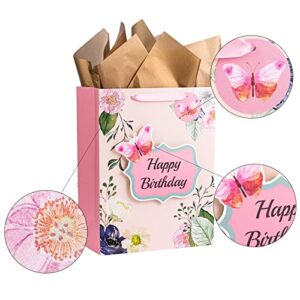 MAYPLUSS 13" Large Gift Bag with Greeting Card and Tissue Paper for Birthday - Pink Floral