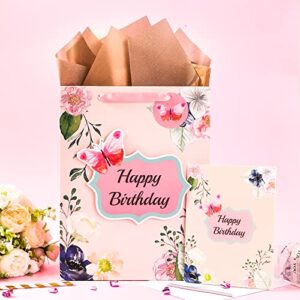 MAYPLUSS 13" Large Gift Bag with Greeting Card and Tissue Paper for Birthday - Pink Floral