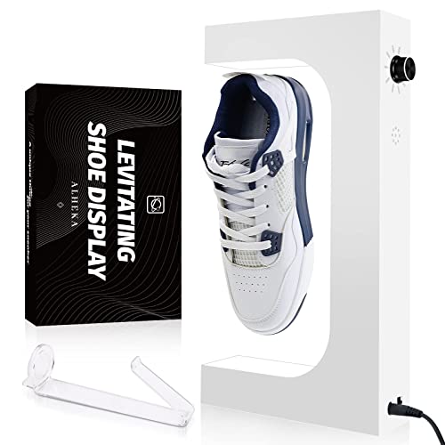 Alheka Levitating Shoe Sneaker Display, Magnetic Floating Shoe Display, Shoe Levitation with Separation Control on LED Light for Sneaker from 200-650g, Gift for Sneakerhead（White with Shoe Stretcher）