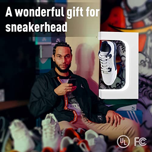 Alheka Levitating Shoe Sneaker Display, Magnetic Floating Shoe Display, Shoe Levitation with Separation Control on LED Light for Sneaker from 200-650g, Gift for Sneakerhead（White with Shoe Stretcher）