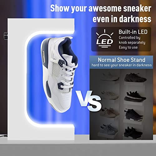 Alheka Levitating Shoe Sneaker Display, Magnetic Floating Shoe Display, Shoe Levitation with Separation Control on LED Light for Sneaker from 200-650g, Gift for Sneakerhead（White with Shoe Stretcher）