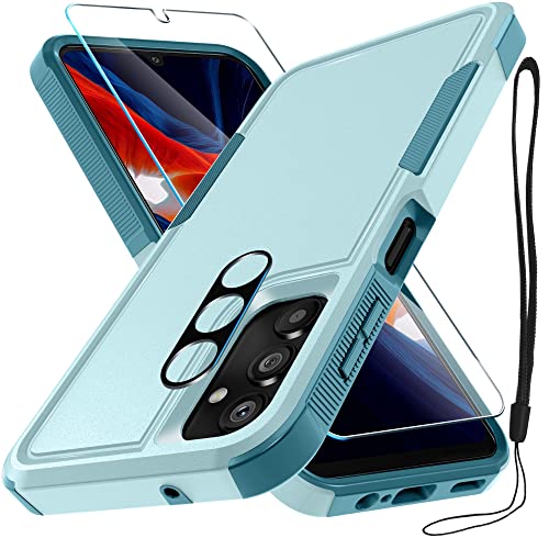 for Samsung Galaxy A14 5G Case with 1 Pcs Tempered Glass Screen Protector and 1 Pcs Camera Lens Cover,Heavy Duty Rugged Shockproof Full Body Protective Phone Cover,Mint Green