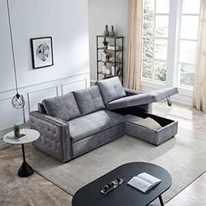 moeo 91" reversible sleeper sectional sofa, l-shape corner couch with storage chaise and pulled out bed, tufted buttons nailheaded design for living room, home, gray
