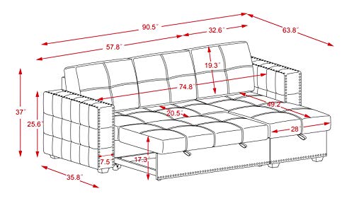MOEO 91" Reversible Sleeper Sectional Sofa, L-Shape Corner Couch with Storage Chaise and Pulled Out Bed, Tufted Buttons Nailheaded Design for Living Room, Home, Gray