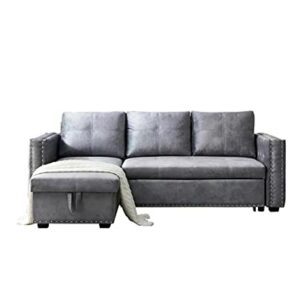 MOEO 91" Reversible Sleeper Sectional Sofa, L-Shape Corner Couch with Storage Chaise and Pulled Out Bed, Tufted Buttons Nailheaded Design for Living Room, Home, Gray